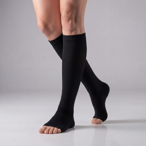 compressiekousen, steunkousen, compressiesokken, medische compressiekousen, open teen compressiekousen, steunkousen dames, compressiekousen tegen vermoeide benen, bloedcirculatie kousen, therapeutische steunkousen, compressiesokken dames