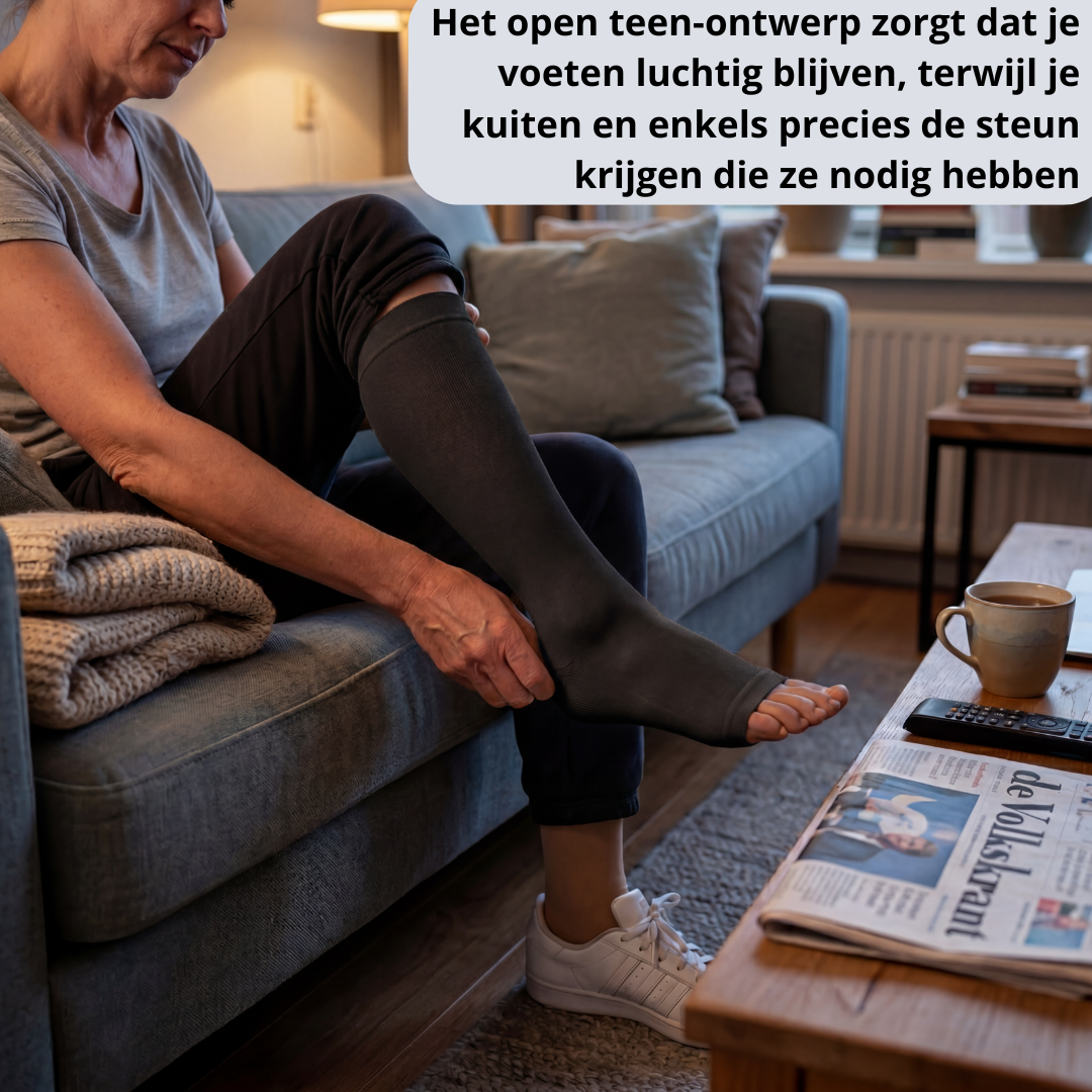 compressiekousen, steunkousen, compressiesokken, medische compressiekousen, open teen compressiekousen, steunkousen dames, compressiekousen tegen vermoeide benen, bloedcirculatie kousen, therapeutische steunkousen, compressiesokken dames